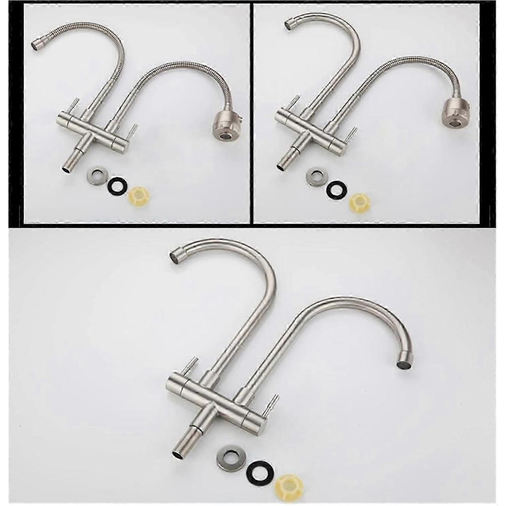 Kitchen Double Outlet Faucet 304 Stainless Steel Single Cold Double Pipe Tap Universal Rotating Sink Faucets(C)