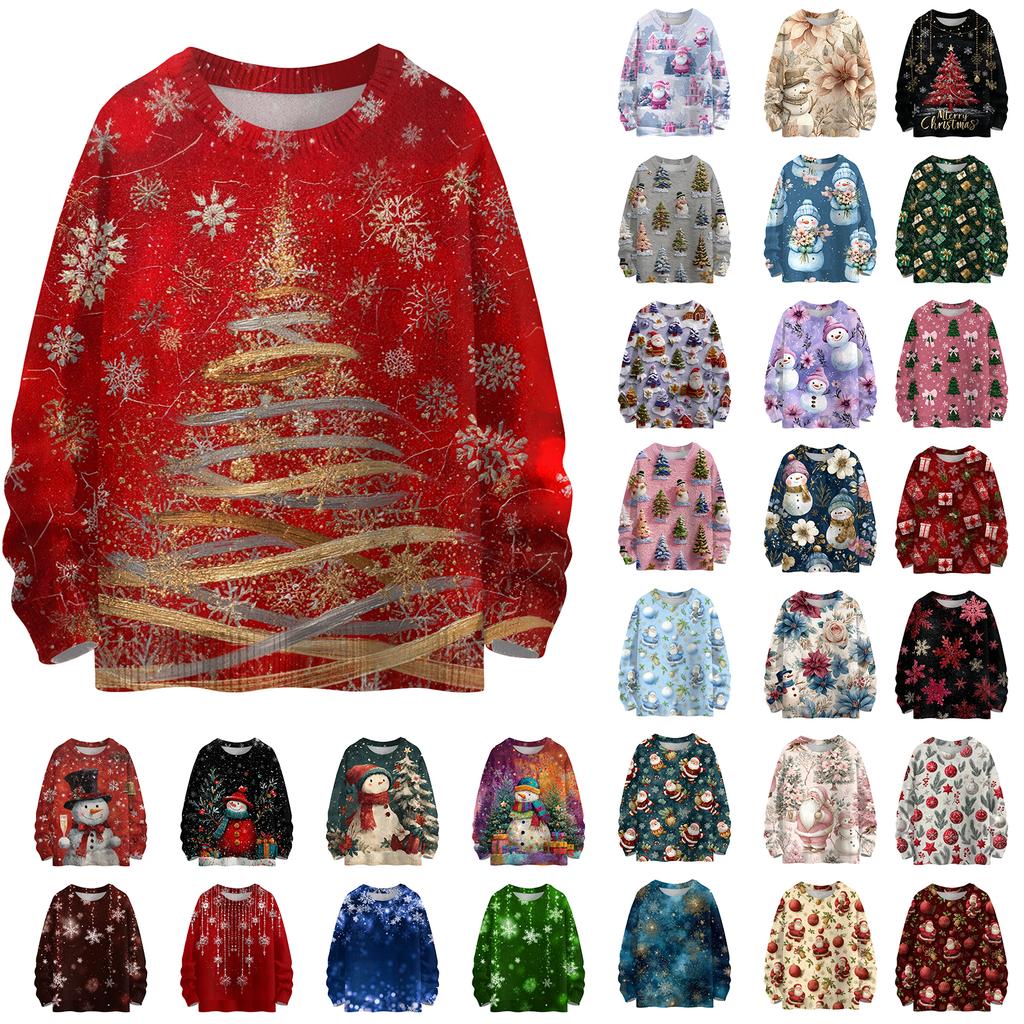 Ladies' Fashionable And Casual Christmas Cute Printed Round Neck Long Sleeved Knitted Yarn