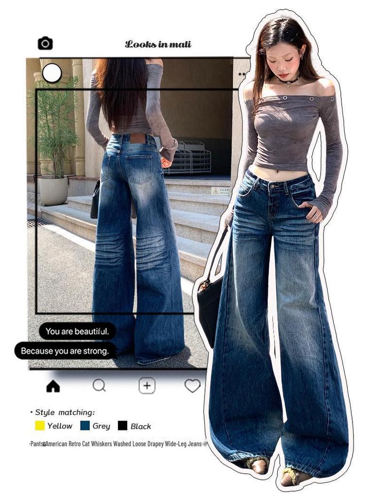Retro Blue High-Waisted Wide-Leg Jeans for Women – Autumn/Winter 2025 Collection, Floor-Length and Slimming Design