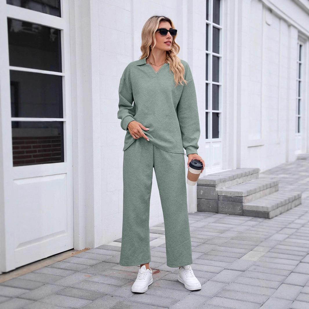 

Светло-голубой вязаный комплект с топом с лацканами и расклешенными брюками, повседневный наряд для женщин XXL