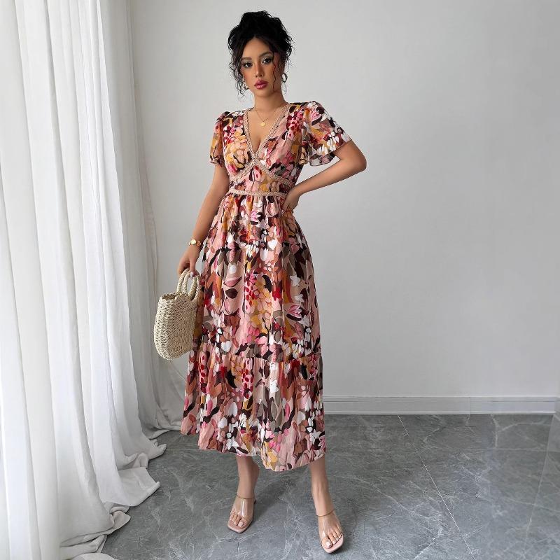 High-end Simple Style Printed Lace-trimmed Dress for Women's Spring and Summer