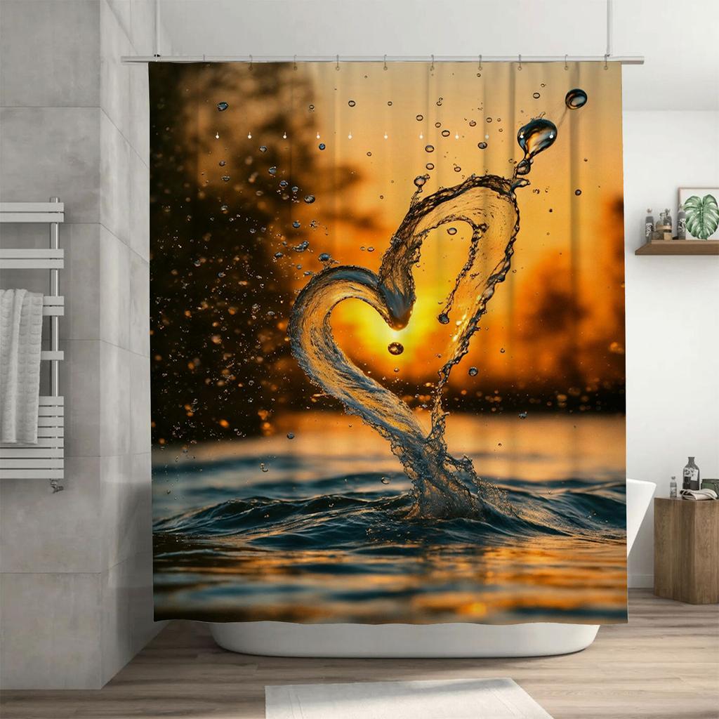 3D Water Heart Shower Curtain | Romantic Sunset Bathroom Decor