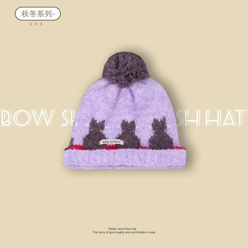 

New autumn and winter kitten hairball thickened warm knitted hat women s contrasting wool hat one size fits all фіолетовий