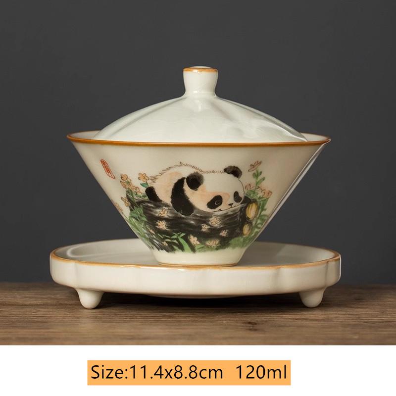 Chines Hand-painted Panda Ceramic Gaiwan Ru Kiln Teacup Handmade Beauty Tea Infuser Household Travel Tea Bowl Portable Teaware
