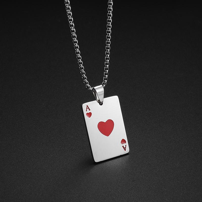 Stainless Steel Ace of Spades and Hearts Playing Card Pendant Necklace Women Men Punk Lucky Jewelry Accessory