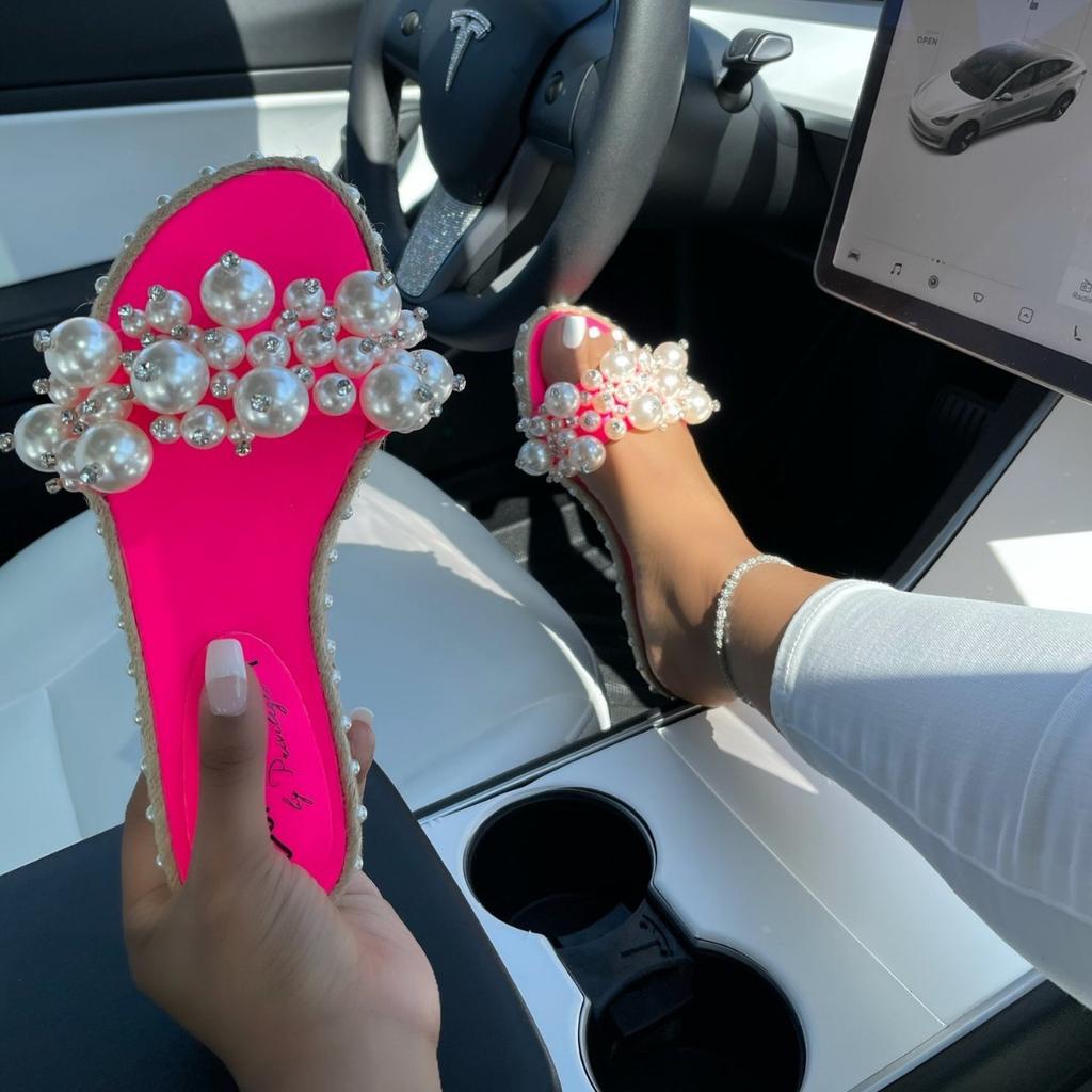 Evropa, Amerika 2021 léto nové jednoslovné nazouvací perlové módní sandály ploché boty velké velikosti lehké ležérní všestranné