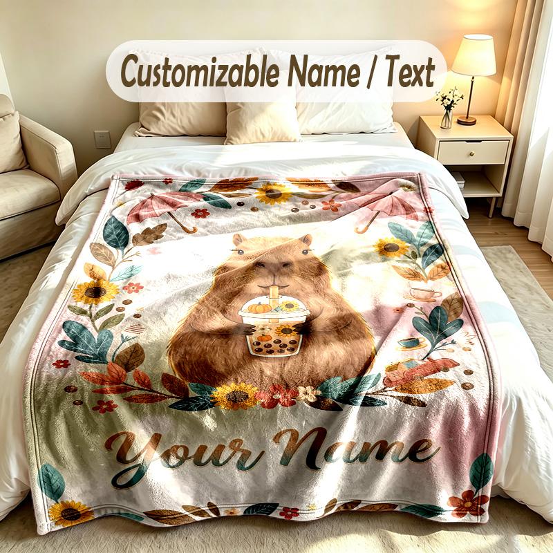 Capybara Theme Soft Blanket Personalized Custom Name Text Print Warm Blanket Home Sofa Bedroom Decor