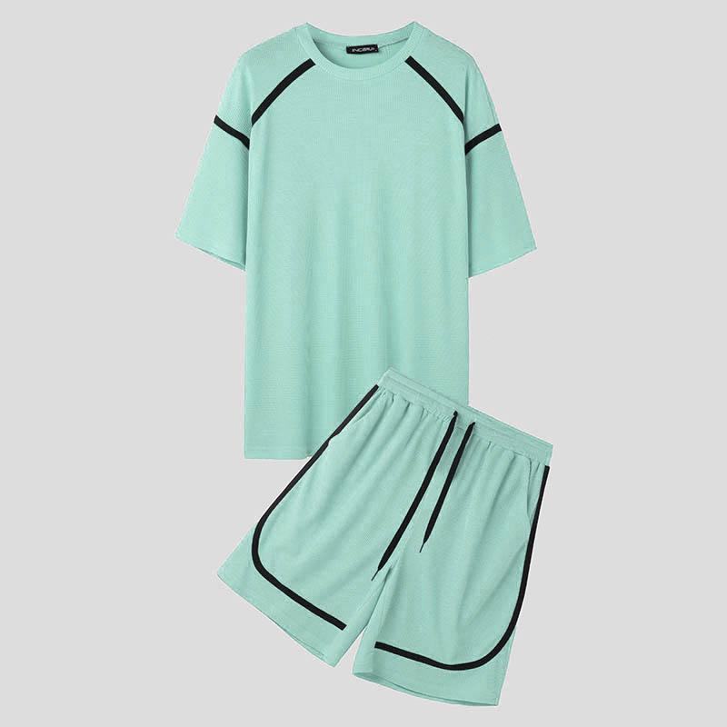 

INCERUN свободные костюмы мужские пэчворк короткий рукав футболка завязка шорты комплекты летний наряд S зелёный