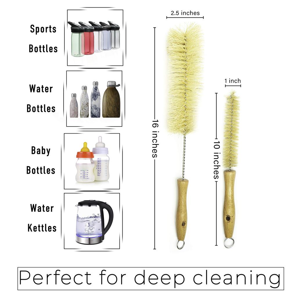 Gaia Guy Cleaning Brush Set Sisal Brush Wooden for Cleaning Narrow Neck Kettles Includes Lid Long Straw Brush (Plastic Free) + Handle) Bottles,