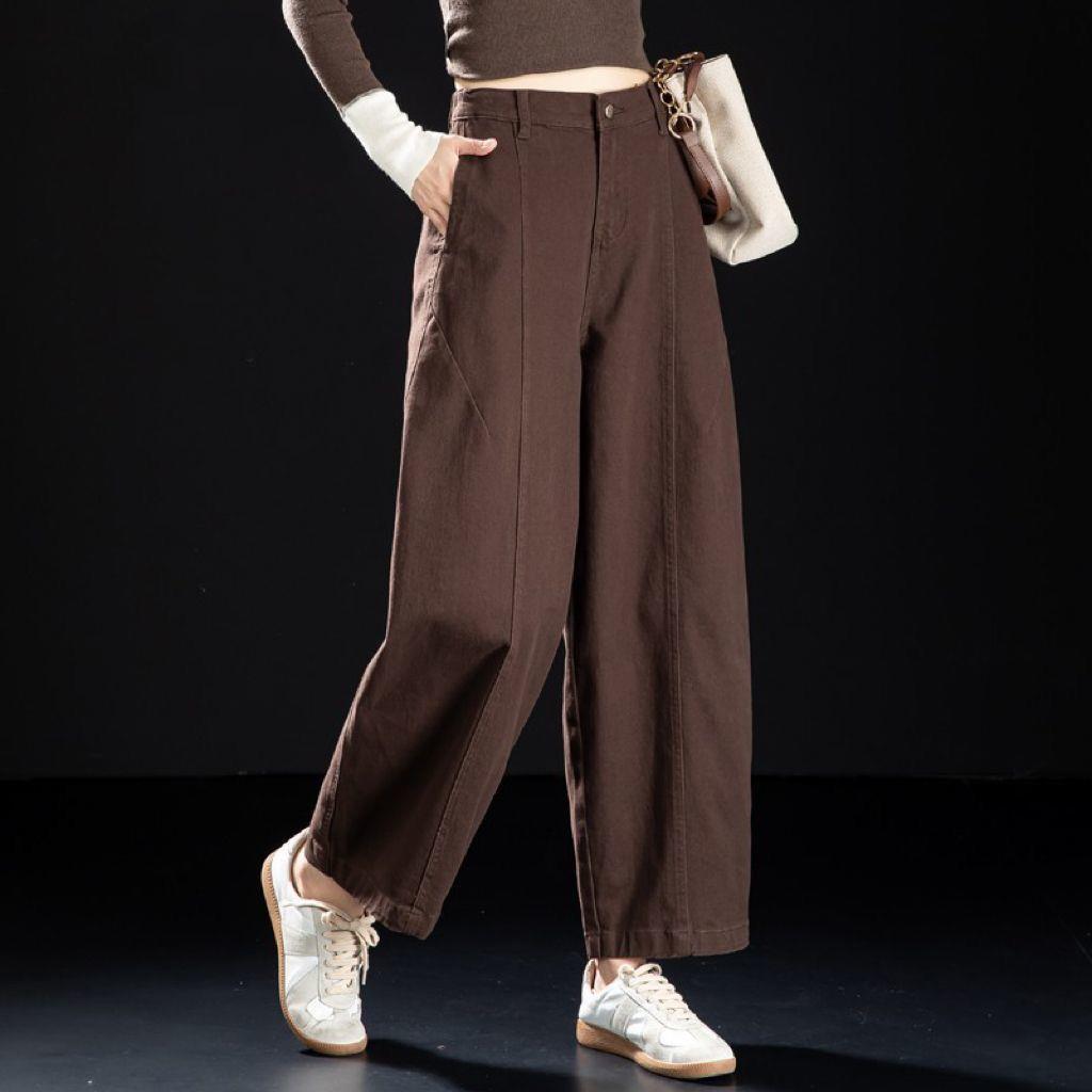 Neue Saison Cropped Weiter Bein Kaffee Hosen für zierliche Frauen, Lockere Passform, Neun-Punkt Ballon Stil Jeans
