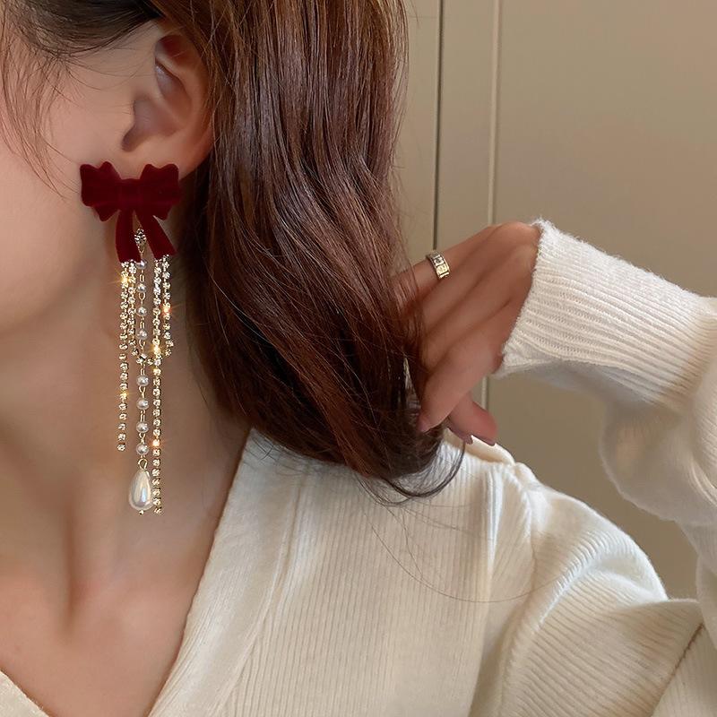 Flocking Bow Artificial Pearl Tassel Earrings Fashion Temperament Stud Earrings Personality Internet Celebrity Earrings
