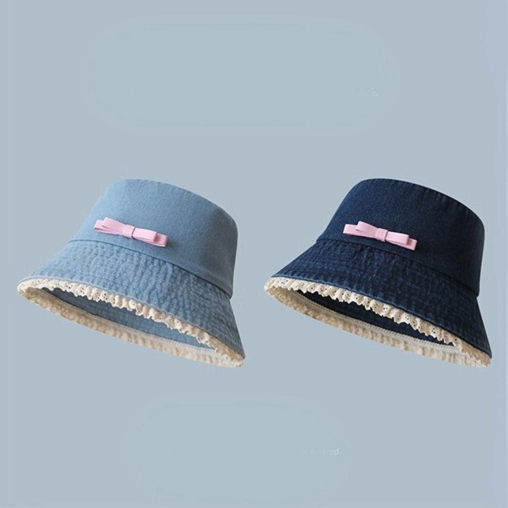 Denim Fischerhut mit breiter Krempe Y2K Schleife Sonnenschutzhut Mode Spitze Fischerhut Klettern