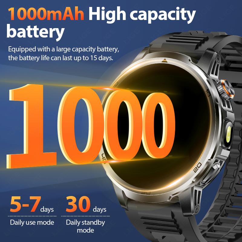 1000mAh Super Capacity Battery Adult Men Smart Watch Flashlight SOS Distress Light 1.85" HD Bluetooth Call Sport Smartwatch