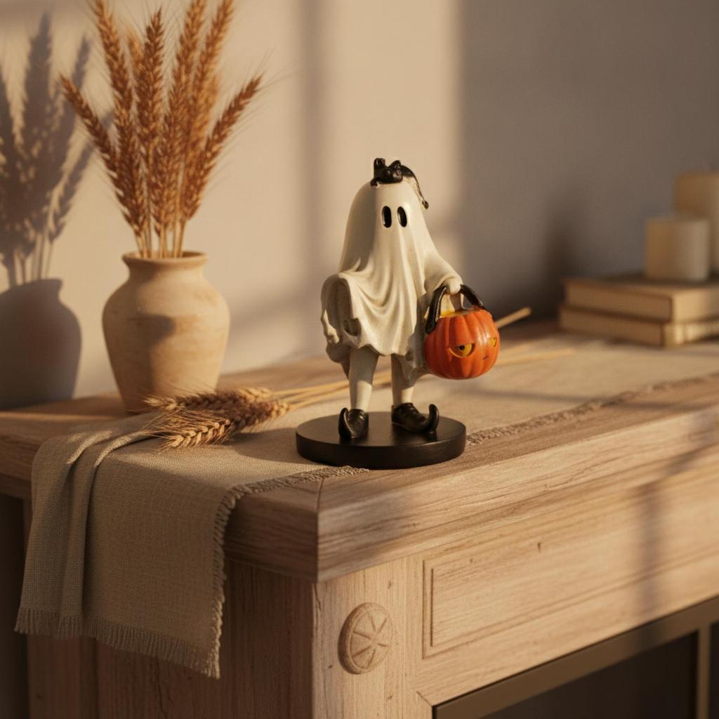 Halloween Ghost Figurine with Pumpkin Basket Resin Sculpted Decor for Shelf Display