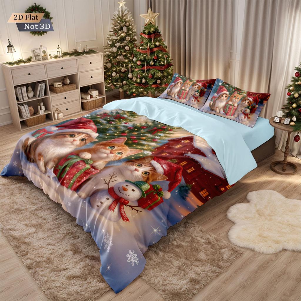3pcs Merry Christmas Kitten Print Coreless Bedding Set Multiple Sizes Comfortable Bedrooms Bedding Decoration Machine Washable
