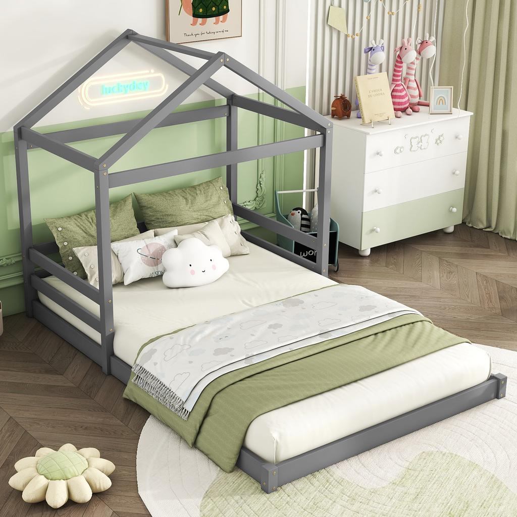 House Bed, 140 X 200 Cm, Children's Bed In House Shape with Slatted Frame (without Mattress), Pine Wood, Minimalist Style, Grey