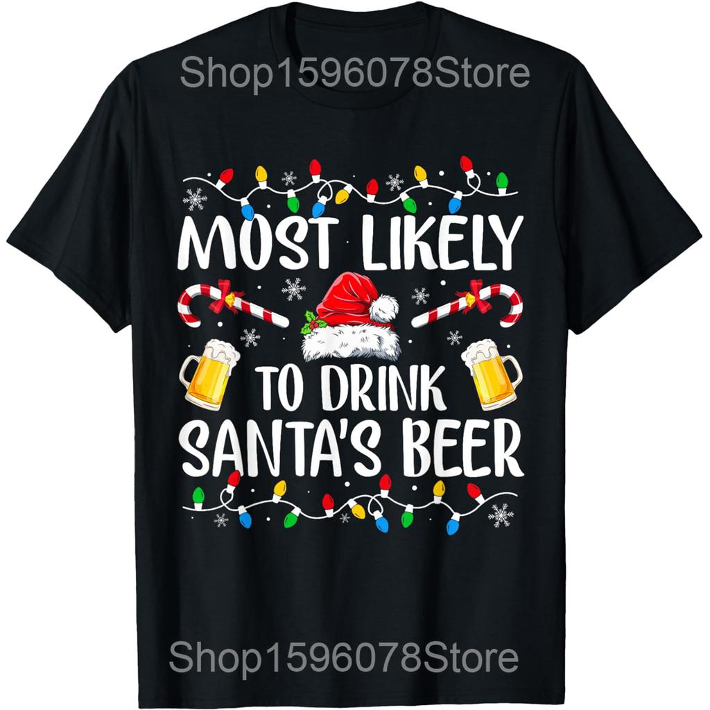 Vtipné pití Vánoce Santa Pivo Vánoční světla Trička Muži Bavlna Humor Streetwear Tričko Krátký rukáv Unisex Volné oblečení