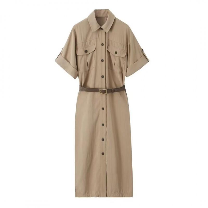 

European American Women s Clothing Summer Fashionable Shirt-style Belt Short-sleeve Dress M хакі