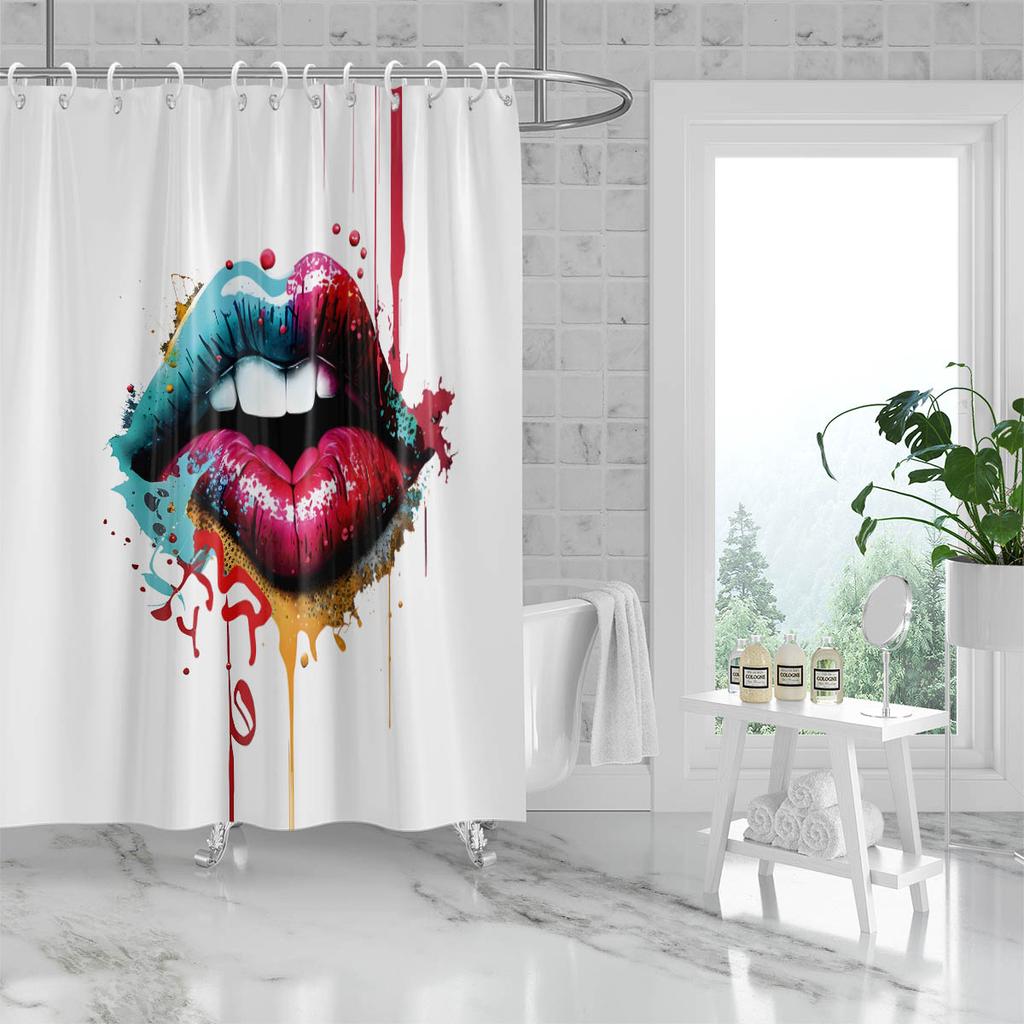 1Pc Quirky Lip Print Waterproof Shower Curtain Shower Partition Bathroom Privacy Protection With 12 Hooks Easy To Install