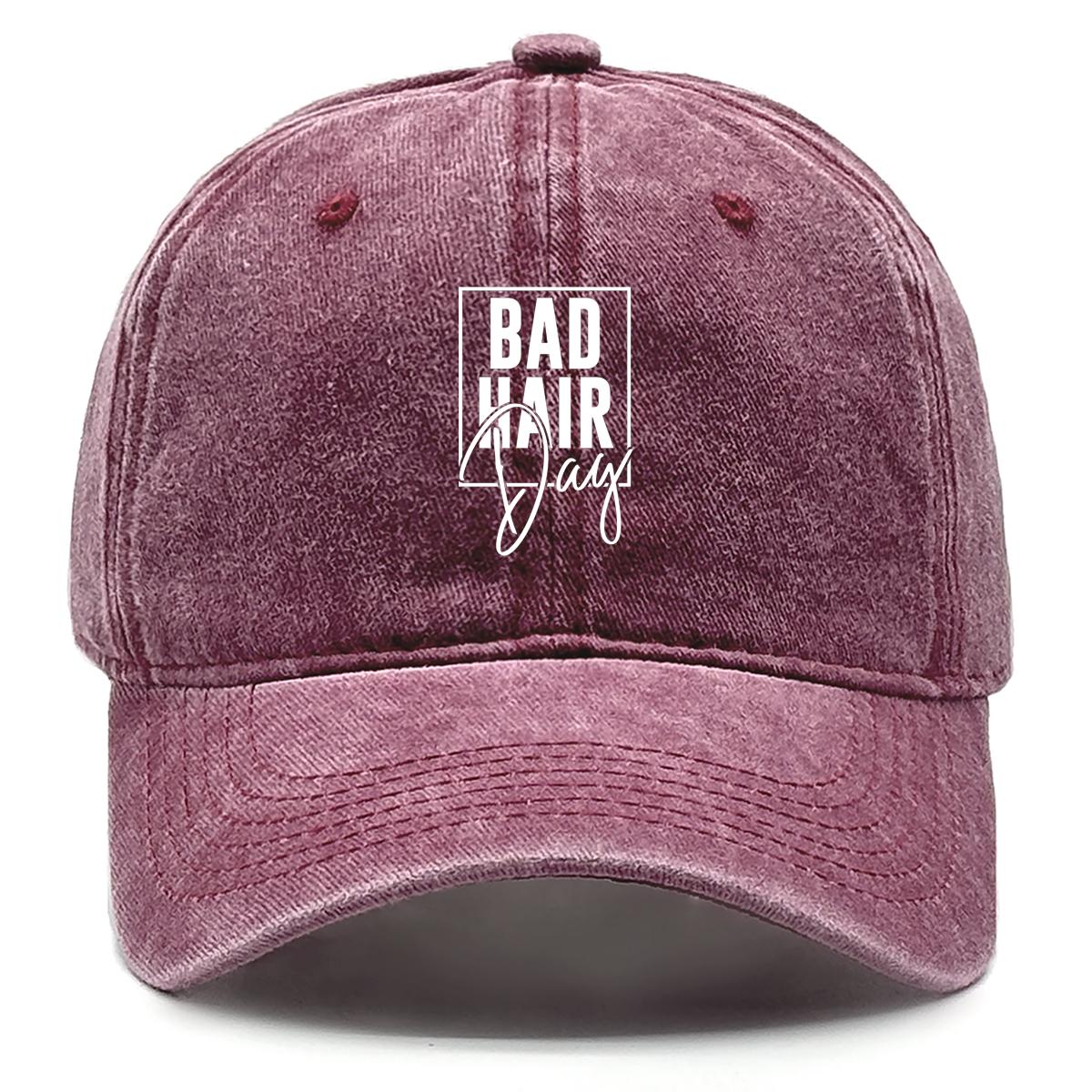 

BAD HAIR Day Print Adjustable Baseball Cap, White Text Sports Hat Retro Fit Casual Hip Hop Snapback Sun Hat as the picture вино красного
