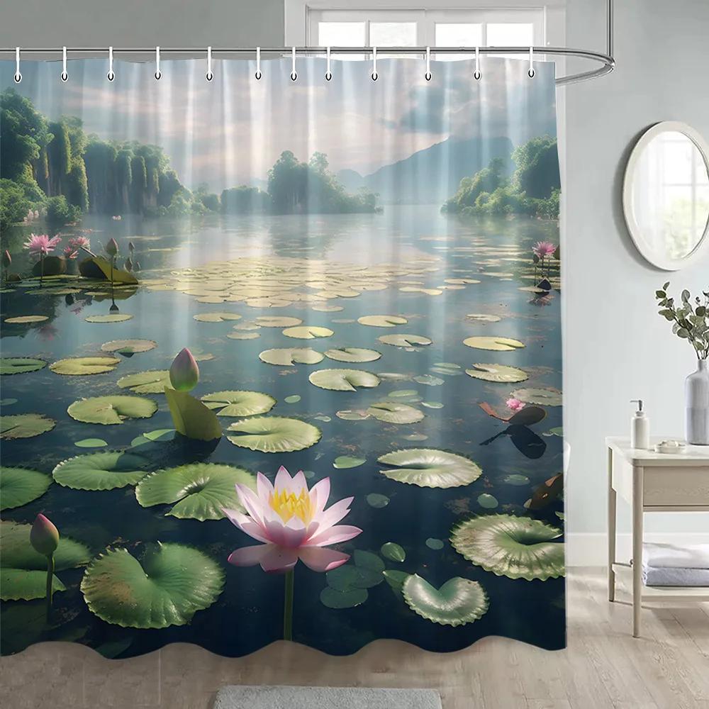 Japanese Landscape Shower Curtains Cherry Blossom Koi Fish Lotus Abstract Mountain Sea Waves Polyester Bathroom Decor with Hooks