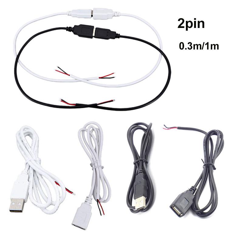 2pin 5V USB 2.0 Male Female Jack Connector Cable Power Extension Cable Black White 0.3m 1m for Computer Accessories