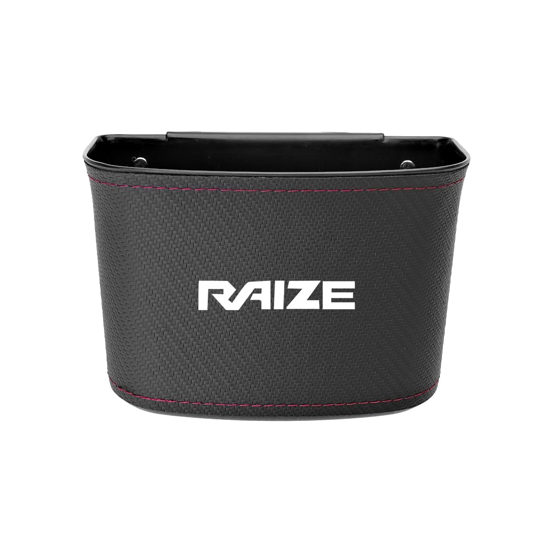 

car trash featuring the RAIZE Installs on the door or behind the Compatible with the RAIZE A200 A210 and Z and 1 RAIZE-specific can, waterproof, logo.