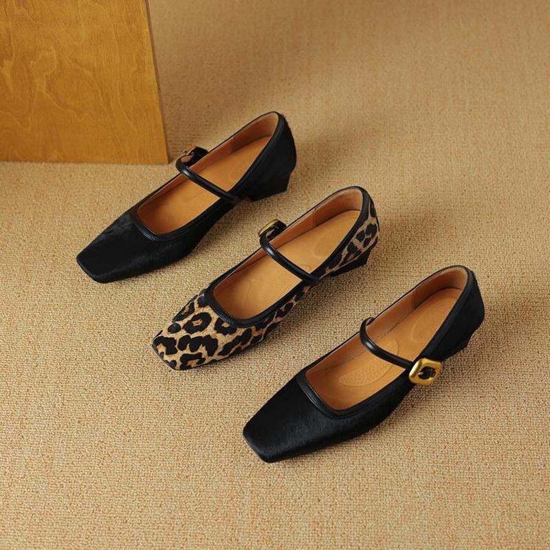 Fashion Women's Mary Jane Shoes 2025 New Shallow Mouth Thick Heel Small Leather Shoes Leopard Print Horse Hair Women's High Heels