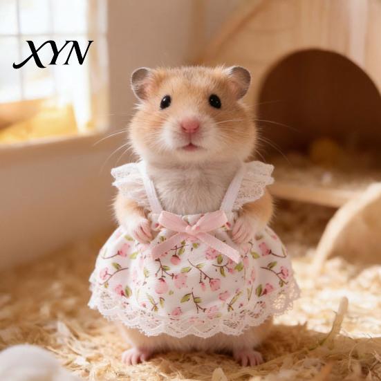 Photo Prop Hamster Clothes Cute Dress, Sweet Floral Heart Fruit Prints, Lace Trim Pet Dress Small Animal Costume with Bow, Animals Outfit for Squirrel