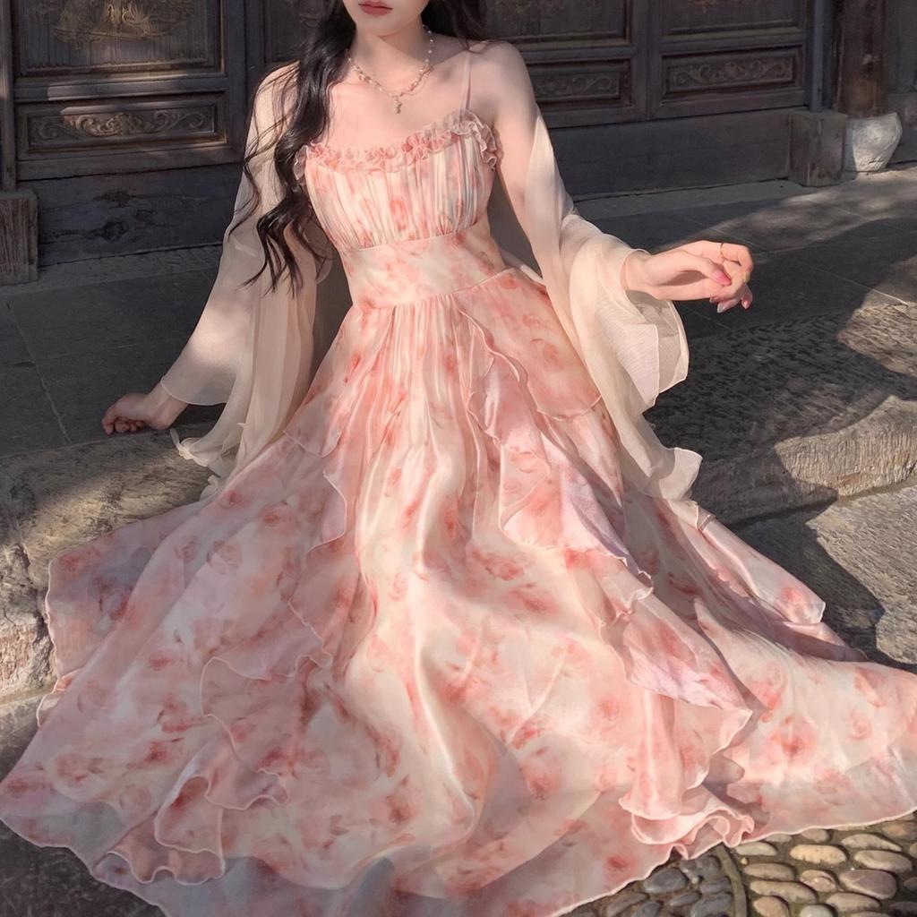 2026 summer new Eden oil painting smudge printing waist ruffle edge suspender skirt Korean version temperament dress