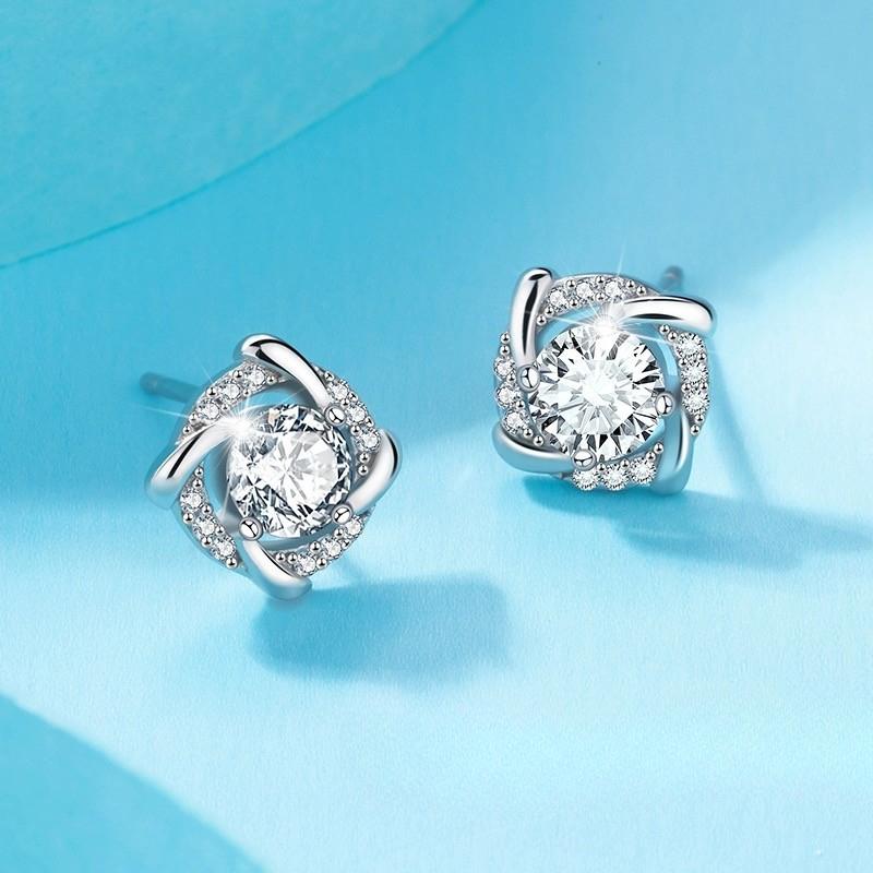 Rotating Windmill Stud Earrings Women's S999 Foot Silver Classic Diamond-encrusted Light Luxury Niche Design Earrings Earrings