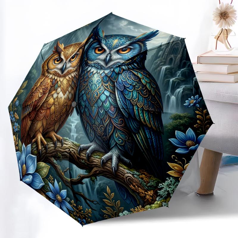 

1pc Sturdy 8-Bone Auto Umbrella, Dreamy Dark Owl Wildflower Umbrella, Digital Printed, Foldable Umbrella for On-the-Go Outdoor Use