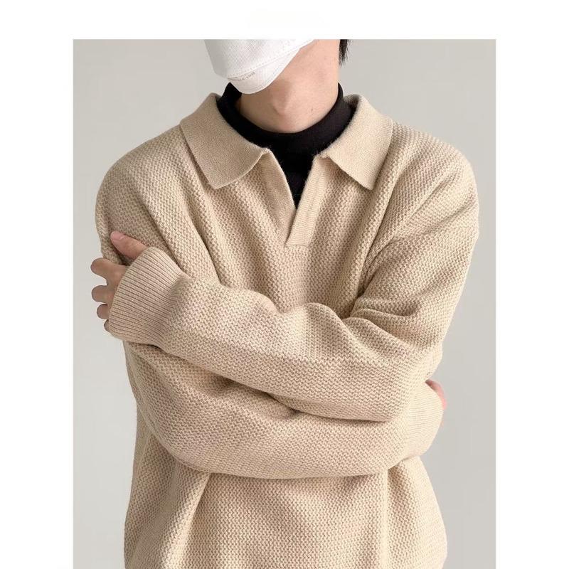 Men's Solid Color V-Neck Polo Sweater - Thick Knit, Long Sleeve, Spring/Autumn Top