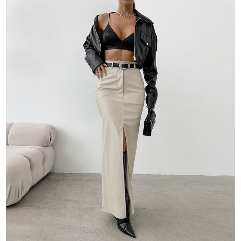 Women's Temperament Fashion PU Leather Solid Color Splicing Design Sense High Waist Slit Slim Long Skirt
