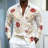 Men's Shirt with Rose Print, Black Gold Base, Retro Slim Fit, Long Sleeved, Street Style, Business Casual
