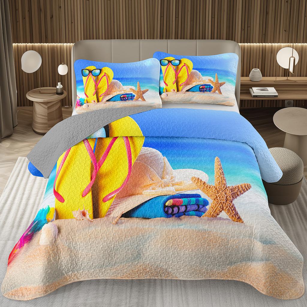Starfish Bedspread Queen/Full Cute Ocean Creatures Quilted Coverlet 2/3 Piece Tropical Beach Theme Bedding Set for Teens Adult