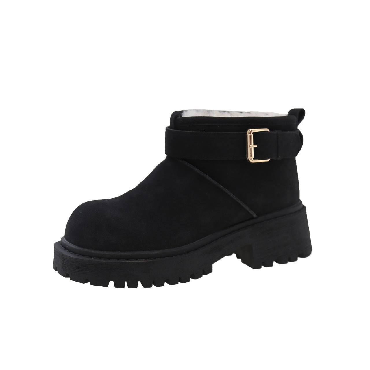 

U бархатные зимние сапоги с мехом, толстый каблук, короткие сапоги, толстая подошва, увеличивающая высоту головы, сапоги с пряжкой на ремне, короткие теплые женские сапоги 35 чёрный