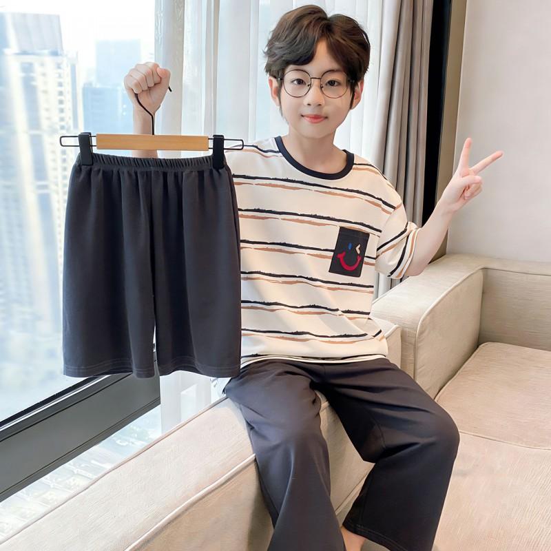 100% Cotton Boys Pajama Set Short Sleeve Long Pants Cartoon Print Comfortable Sleepwear Kids