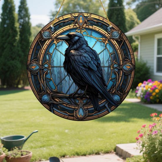 Crow Stained Glass Suncatcher, Gothic Raven Acrylic Window Hanging Decor with Chain for Home, Garden, Indoor Outdoor Decor
