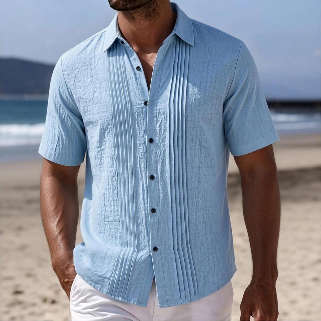Men's Linen Shirt Short Sleeve Button Front Pleated Casual Summer