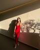 2025 Spring Women's European & American Style Silk Satin Red Heart Neckline Midi Dress