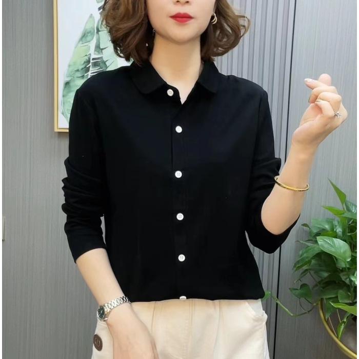 Lapel Women's Fashionable Solid Color New Polo Neck Long-sleeved Top Middle-aged Mother's Spring and Autumn Slimming and Age-reducing Shirt