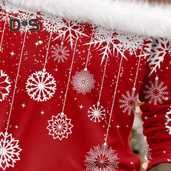 Women Christmas Top Hollow Out One Shoulder Shiny Sequin Long Sleeve Snowflake Print Thick Warm Pullover Color Matching Lady New Year Party Top
