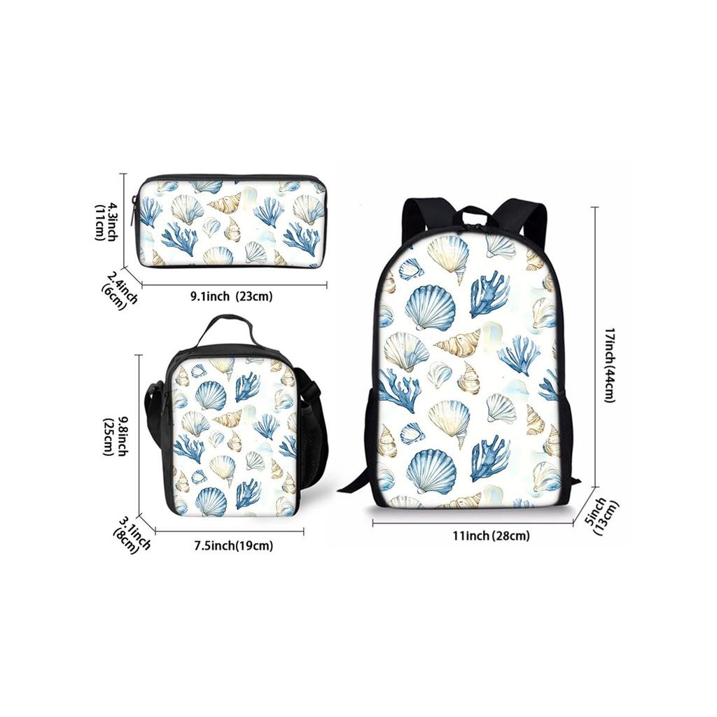 Shell Print Three Piece Backpacks Set for Boy and Girls Best Gifts 2D Flat Cartoon School Bag for Children