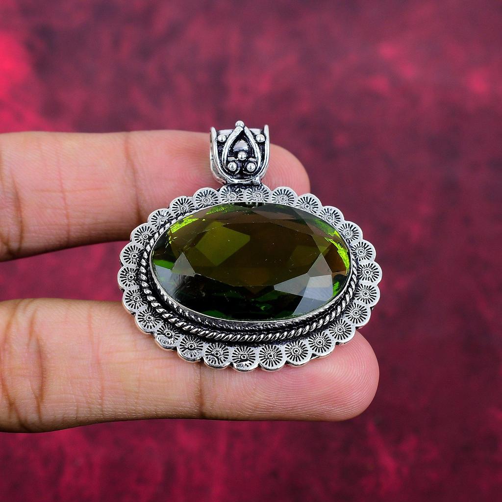 Pendentif Péridot Argent Sterling Massif 925, Bijou Pendentif Pierre Précieuse Fait Main, Cadeaux Pour Femme Pendentif Neuf
