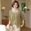 Spring Knit Two-Piece Set: Lightweight Cardigan and Short-Sleeved Top for Middle-Aged and Elderly Women