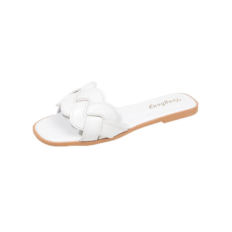 Fashion Summer New Flat Sandals for Women Round Head Open Toe Braided Patent Leather Soft Sole Anti-slip Wear-resistant Slippers