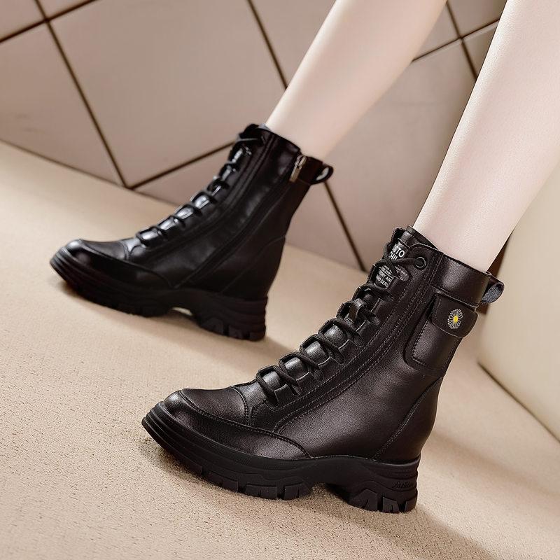 Inner Height Increasing Martin Boots Women's Fleece Warm Cotton Boots Thick-soled Lace-up Lightweight Medium Boots Autumn and Winter Snow Boots Women