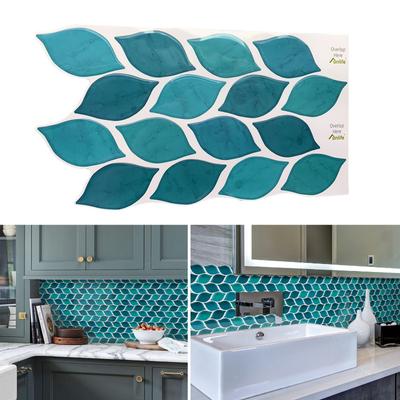 1/6 PCS Peacock Blue Peel and Stick Marble Texture Leaf Backsplash Sticker for Kitchen Wall Decor 30x15CM