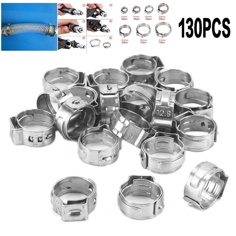 

130pcs/Lot Single Ear Hose Clamps 7 Sizes Stainless Steel Water Pipe Hose Clamp Mixed Assorted Set for Sealing All Kinds of Hose. Beige